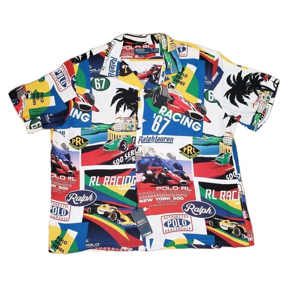 Polo Ralph Lauren Formula Racing Sz XL Classic Fit Prix Poster Woven Camp Shirt - Picture 1 of 8